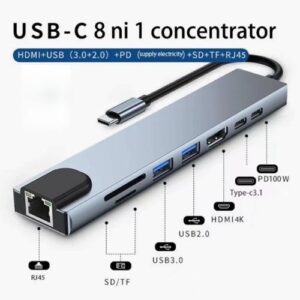 Product details USB-C HUB 8 in 1: Enhance Your Laptop Connectivity  Are you still worried about the lack of ports on your laptop? Are you still burdened by multiple individual interface devices? This innovatively designed USB-C hub is the perfect solution for Type C electronic devices and is indispensable for Mac Pro/Air and other Type C laptops and cell phones. With this multifunctional USB C HUB, you can enjoy more entertainment and work more conveniently.Small size, multifunctional!   USB C HUB 8 IN 1:   Compatibility: The USB-C hub adapter is compatible with all devices that include Type-C/USB ports, especially for MacBook Pro and Air. Features: USB 3.0 Port: High-speed data transfer up to 5 Gbps. USB 2.0 Port: Connect USB keyboard, mouse, flash drive, and USB hard drive to your laptop. USB-C Port: Connect to Type-C devices for data transfer. PD Port: Supports fast charging up to 65W via PD (Power Delivery). 4K HDMI Video Output: Connect to various display devices (monitor, TV, projector) for vivid video synchronization (3840x2160 @ 30 Hz). RJ45 100M Ethernet Interface: Provides stable and faster internet access than most wireless connections. SD/micro SD card reader slots: Access files quickly from SD or Micro SD cards.